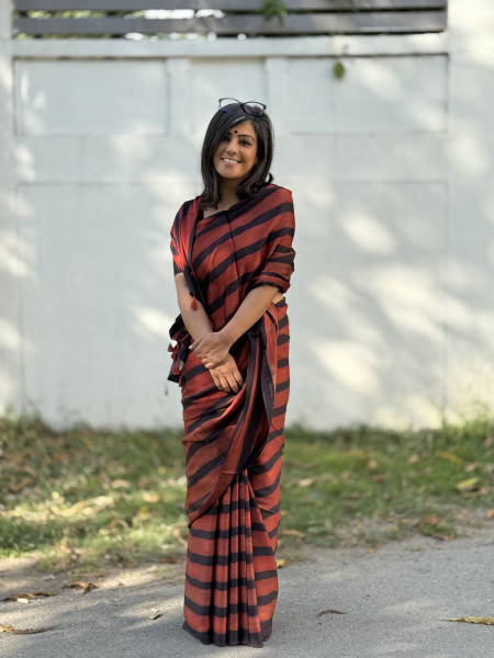 MAROON-BLACK MODAL SILK AJRAKH BLOCK PRINT SARI