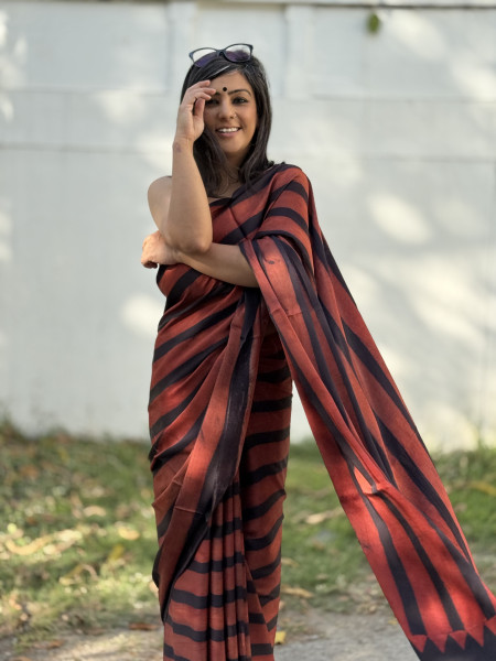 MAROON-BLACK MODAL SILK AJRAKH BLOCK PRINT SARI