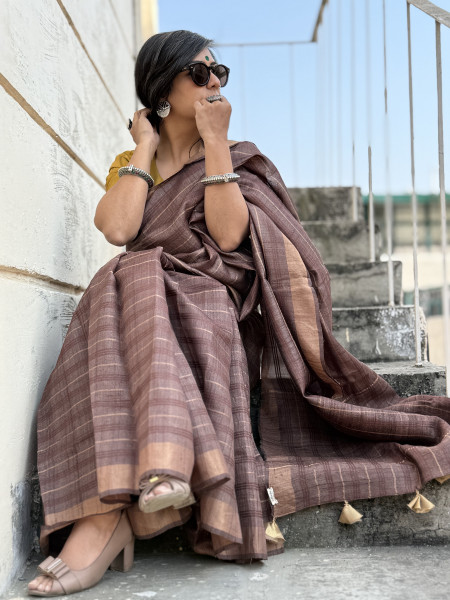 BROWN HAND ZARI WOVEN TUSSAR SILK SARI