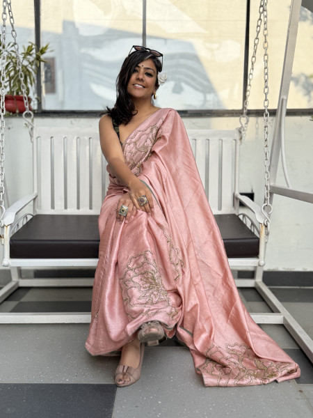 PEACH TUSSAR SILK HAND EMBROIDERED SARI