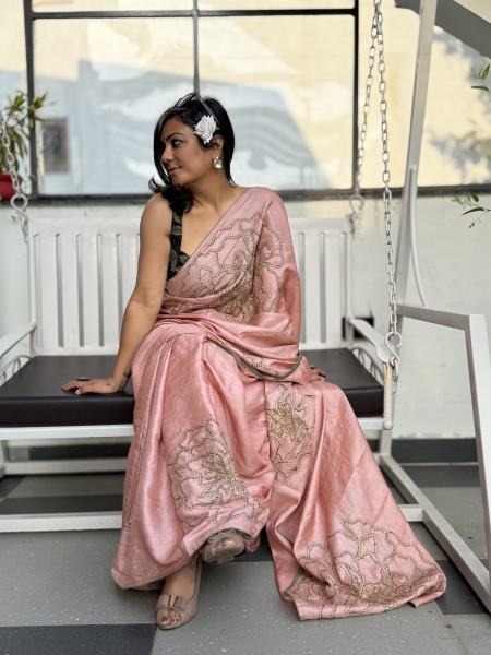 PEACH TUSSAR SILK HAND EMBROIDERED SARI