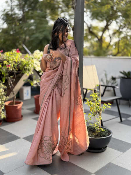 PEACH TUSSAR SILK HAND EMBROIDERED SARI