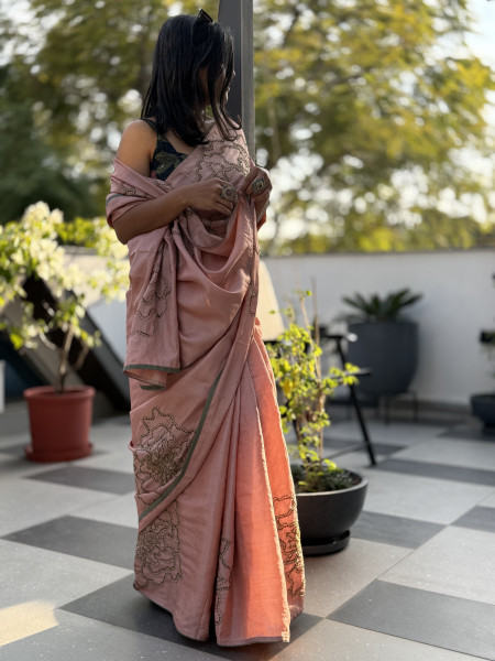 PEACH TUSSAR SILK HAND EMBROIDERED SARI