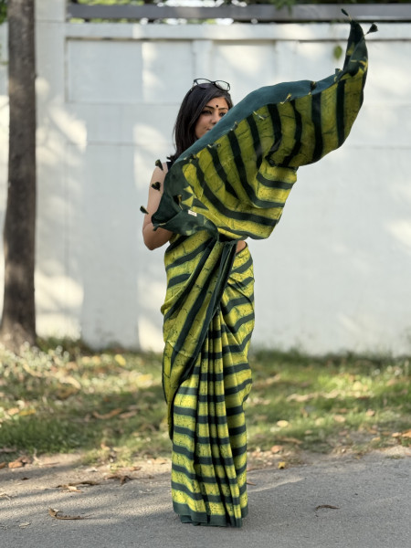 GREEN-YELLOW MODAL SILK AJRAKH BLOCK PRINT SARI