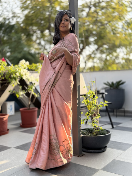 PEACH TUSSAR SILK HAND EMBROIDERED SARI