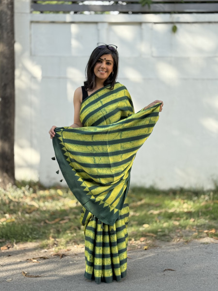 GREEN-YELLOW MODAL SILK AJRAKH BLOCK PRINT SARI