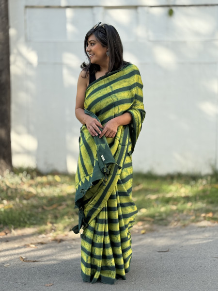 GREEN-YELLOW MODAL SILK AJRAKH BLOCK PRINT SARI