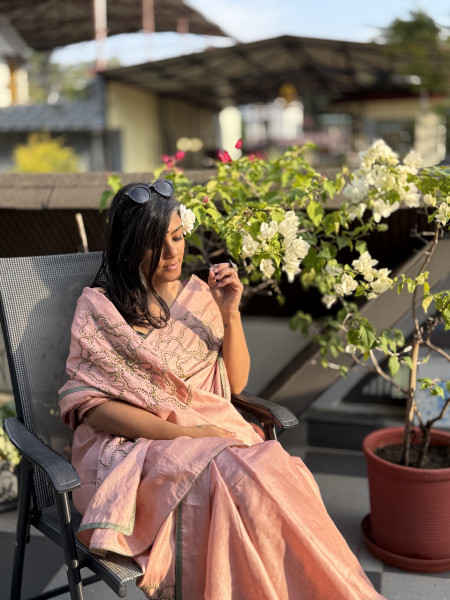 PEACH TUSSAR SILK HAND EMBROIDERED SARI