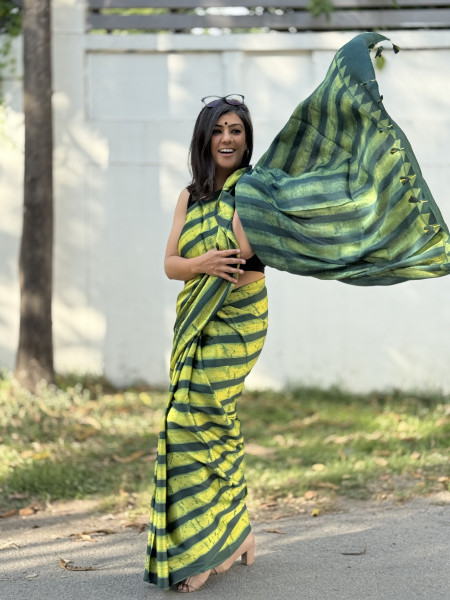 GREEN-YELLOW MODAL SILK AJRAKH BLOCK PRINT SARI