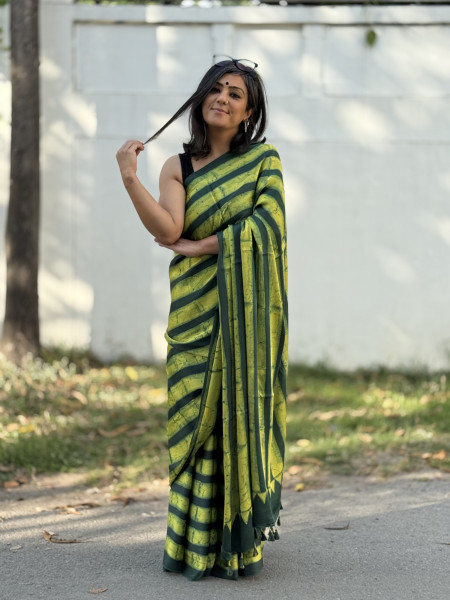 GREEN-YELLOW MODAL SILK AJRAKH BLOCK PRINT SARI