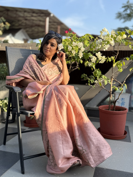 PEACH TUSSAR SILK HAND EMBROIDERED SARI