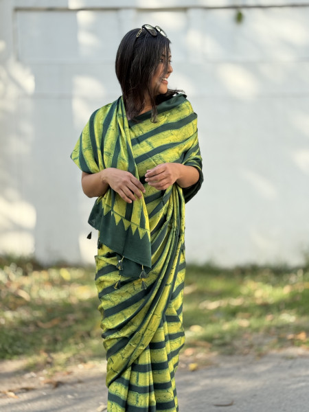 GREEN-YELLOW MODAL SILK AJRAKH BLOCK PRINT SARI