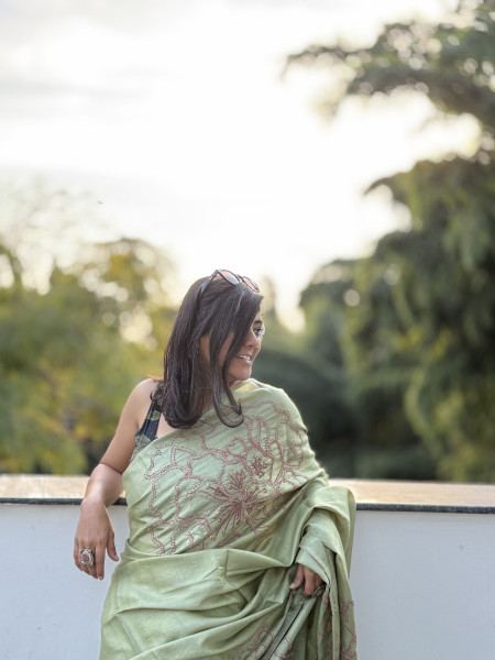 PISTA GREEN TUSSAR SILK HAND EMBROIDERED SARI