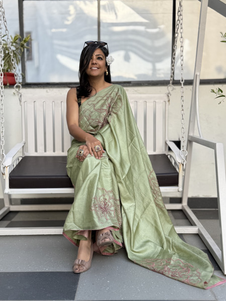 PISTA GREEN TUSSAR SILK HAND EMBROIDERED SARI