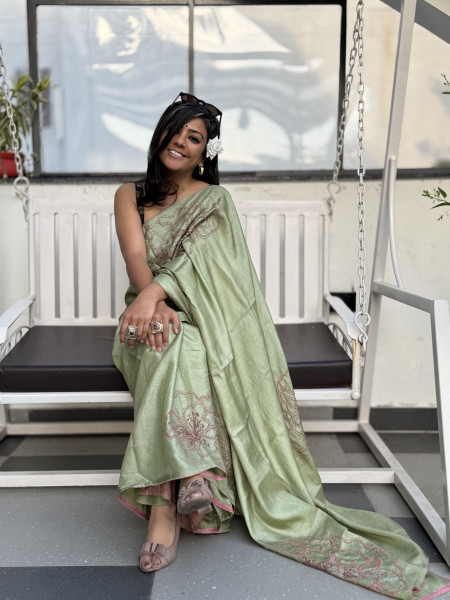 PISTA GREEN TUSSAR SILK HAND EMBROIDERED SARI