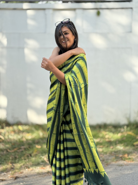 GREEN-YELLOW MODAL SILK AJRAKH BLOCK PRINT SARI