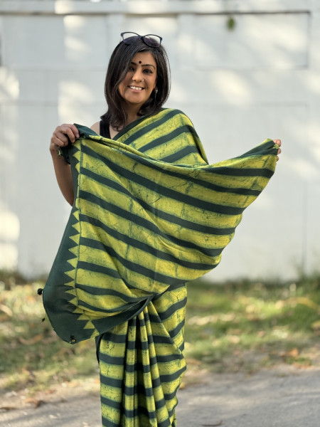 GREEN-YELLOW MODAL SILK AJRAKH BLOCK PRINT SARI