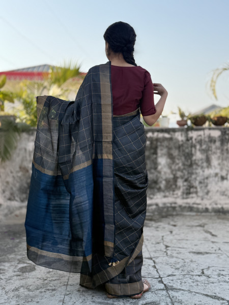 CHARCOAL-INDIGO HAND WOVEN TUSSAR SILK SARI