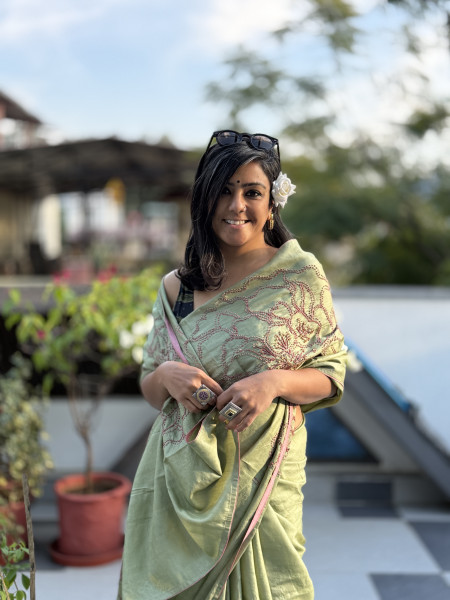 PISTA GREEN TUSSAR SILK HAND EMBROIDERED SARI