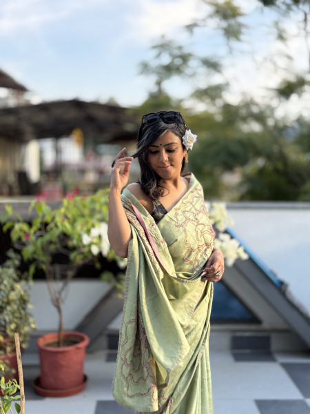 PISTA GREEN TUSSAR SILK HAND EMBROIDERED SARI