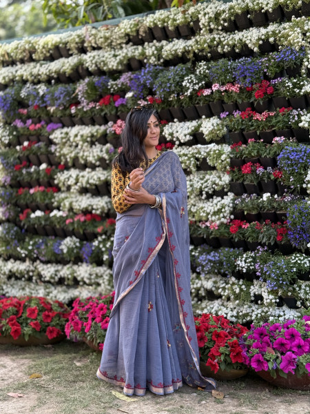 GREY  KOTA COTTON HAND EMBROIDERED SARI