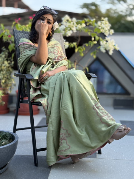 PISTA GREEN TUSSAR SILK HAND EMBROIDERED SARI