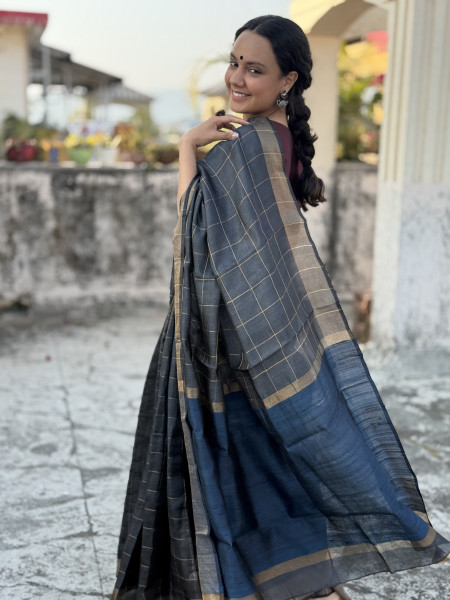 CHARCOAL-INDIGO HAND WOVEN TUSSAR SILK SARI