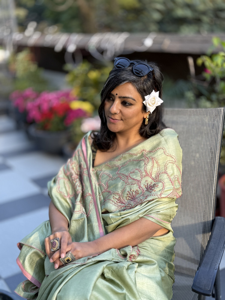 Image of PISTA GREEN TUSSAR SILK HAND EMBROIDERED SARI