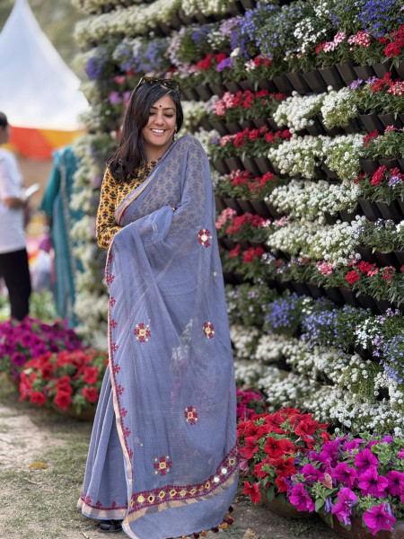 GREY  KOTA COTTON HAND EMBROIDERED SARI