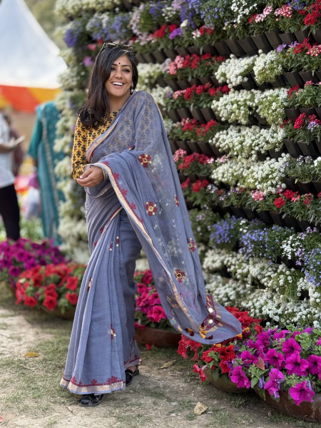 GREY  KOTA COTTON HAND EMBROIDERED SARI