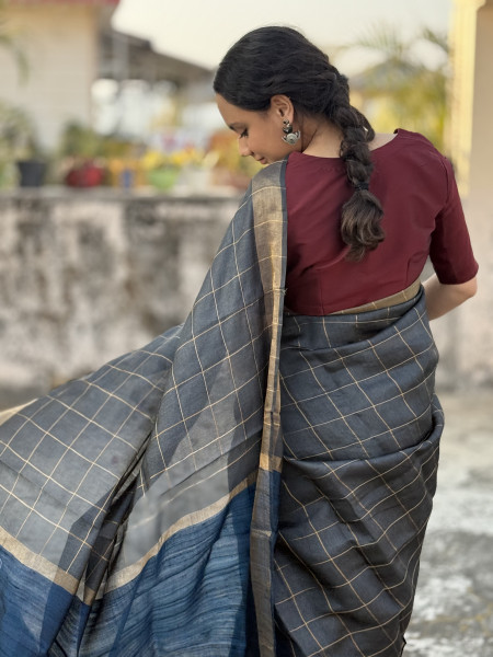 CHARCOAL-INDIGO HAND WOVEN TUSSAR SILK SARI