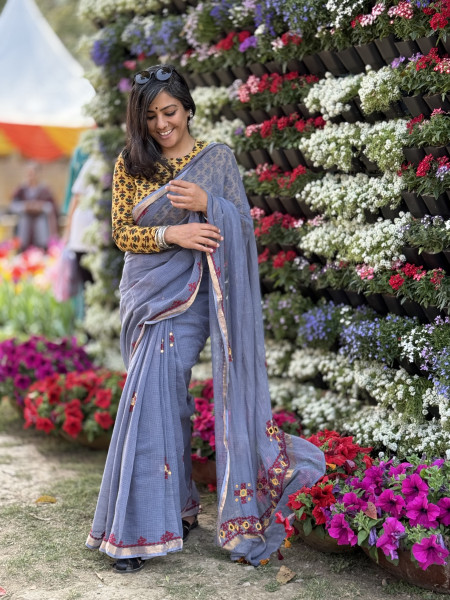 GREY  KOTA COTTON HAND EMBROIDERED SARI