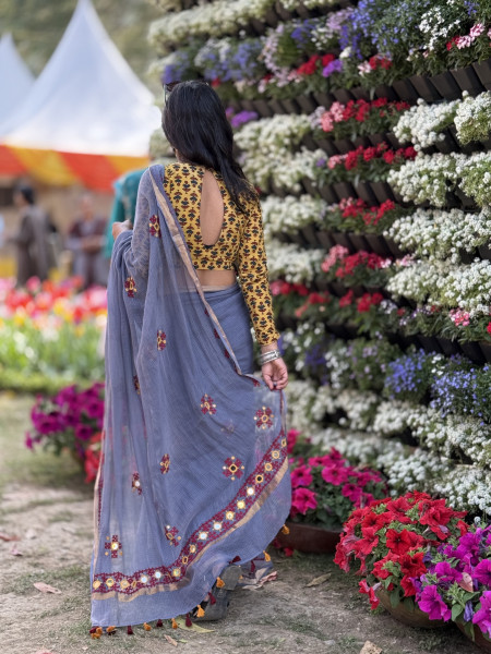 GREY  KOTA COTTON HAND EMBROIDERED SARI