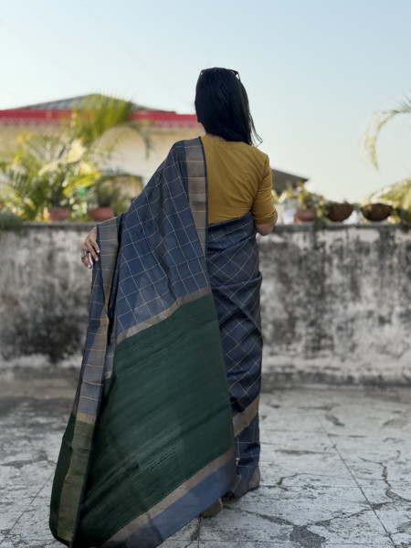 CHARCOAL-GREEN HAND WOVEN TUSSAR SILK SARI