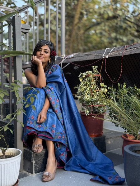BLUE TUSSAR SILK HAND EMBROIDERED SARI