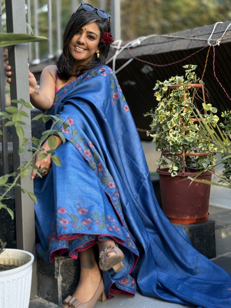 BLUE TUSSAR SILK HAND EMBROIDERED SARI