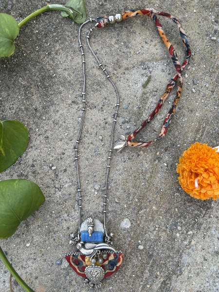 BRASS, FABRIC & TERRACOTA Handcrafted LONG NECKLACE