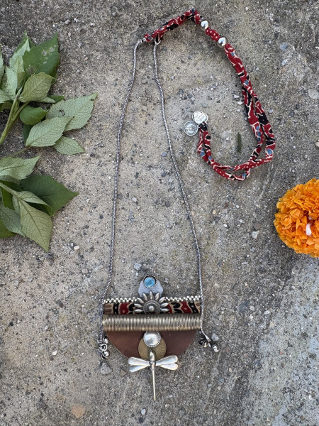 BRASS  & FABRIC  Handcrafted LONG NECKLACE