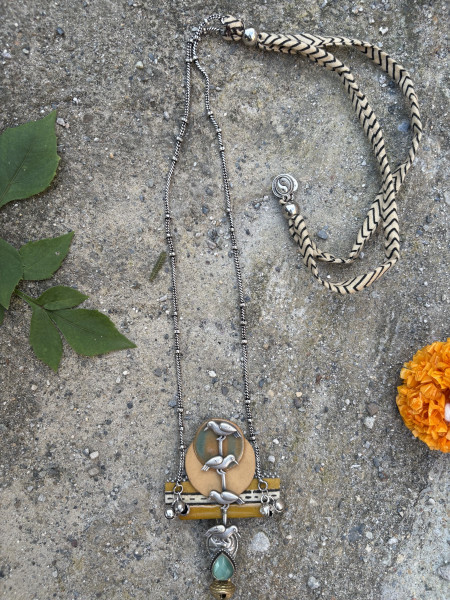 BRASS, FABRIC & TERRACOTA Handcrafted LONG NECKLACE