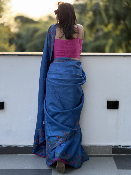 BLUE TUSSAR SILK HAND EMBROIDERED SARI