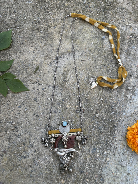 BRASS, WOOD & FABRIC Handcrafted LONG NECKLACE