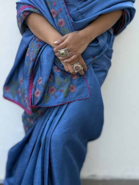 BLUE TUSSAR SILK HAND EMBROIDERED SARI
