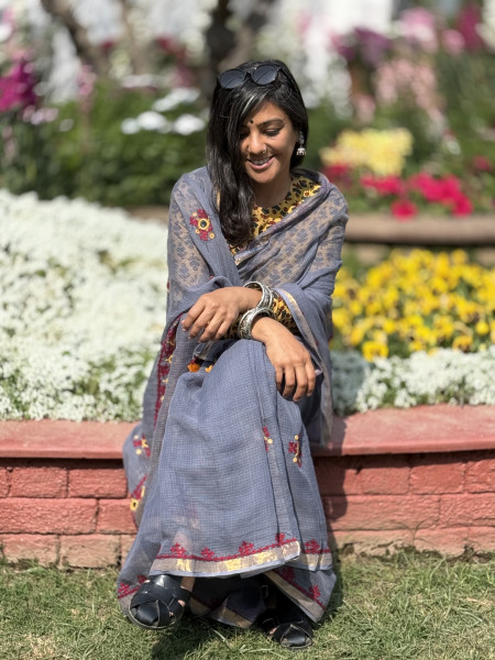 GREY  KOTA COTTON HAND EMBROIDERED SARI