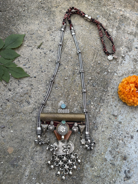 BRASS ,FABRIC & TERRACOTA  Handcrafted LONG NECKLACE