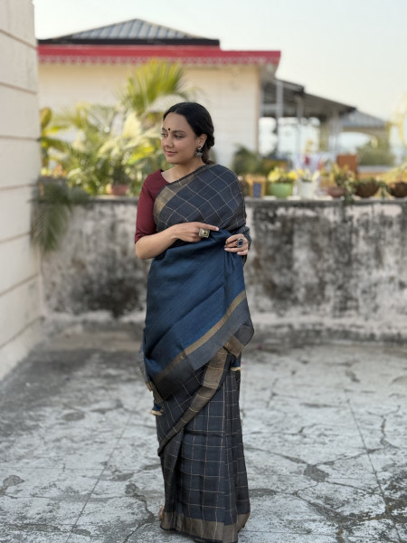 CHARCOAL-INDIGO HAND WOVEN TUSSAR SILK SARI