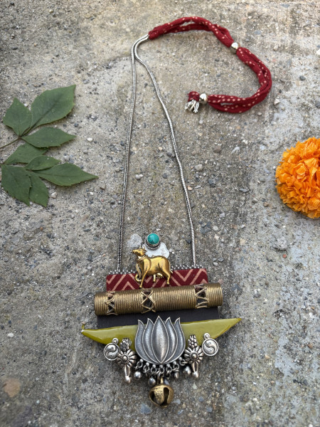 BRASS, FABRIC & TERRACOTA  Handcrafted LONG NECKLACE