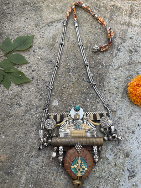 BRASS, WOOD & FABRIC Handcrafted LONG NECKLACE