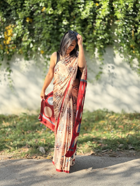 BEIGE-MAROON MODAL SILK AJRAKH BLOCK PRINT SARI