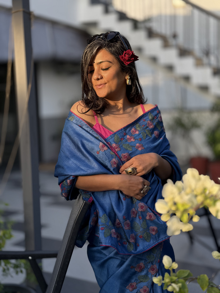 Image of BLUE TUSSAR SILK HAND EMBROIDERED SARI