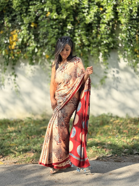 BEIGE-MAROON MODAL SILK AJRAKH BLOCK PRINT SARI
